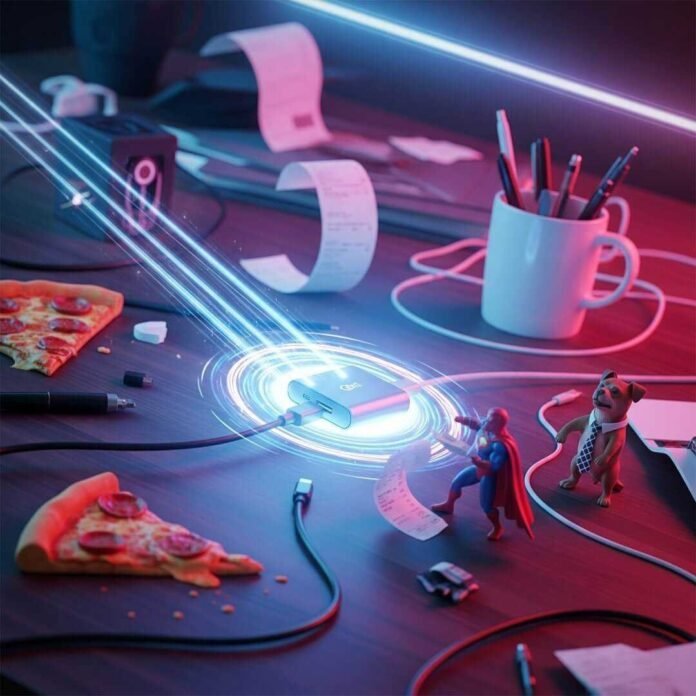 A dynamic shot of a messy desk with a glowing USB dock. A dynamic shot of a messy desk with a glowing USB dock.