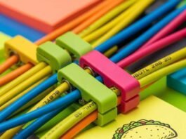 Work From Home Like a Pro with These Desk Setup Essentials A close-up of brightly colored cables held by neon-pink and lime-green clips.