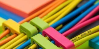 Work From Home Like a Pro with These Desk Setup Essentials A close-up of brightly colored cables held by neon-pink and lime-green clips.