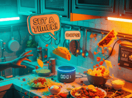 Top Alexa Commands That Make Life Easier A messy kitchen counter with an Alexa, taco ingredients, and "Set a timer!" speech bubble.