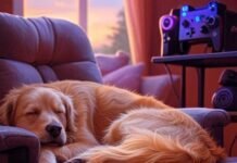 Best Gaming Chairs for Long Hours Without Back Pain Dog napping on Kaiser 3 chair, glowing gaming rig, burnt orange, soft lavender.