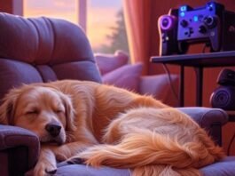 Best Gaming Chairs for Long Hours Without Back Pain Dog napping on Kaiser 3 chair, glowing gaming rig, burnt orange, soft lavender.
