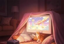 How Projectors Are Taking Over Big-Screen Entertainment Cozy blanket fort, projector showing cartoon, cat swatting at light.