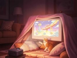 How Projectors Are Taking Over Big-Screen Entertainment Cozy blanket fort, projector showing cartoon, cat swatting at light.