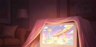 How Projectors Are Taking Over Big-Screen Entertainment Cozy blanket fort, projector showing cartoon, cat swatting at light.