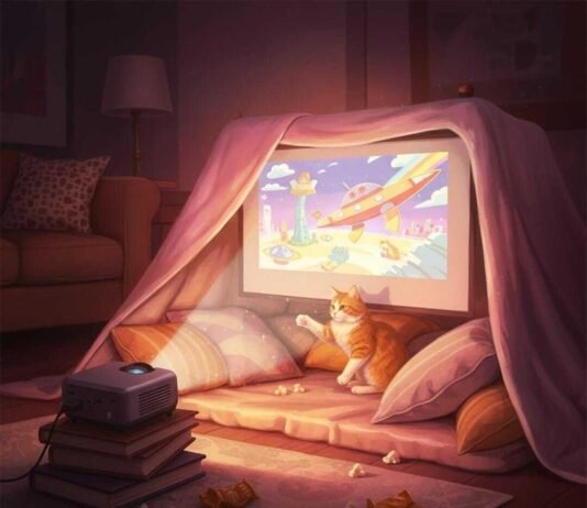 How Projectors Are Taking Over Big-Screen Entertainment Cozy blanket fort, projector showing cartoon, cat swatting at light.
