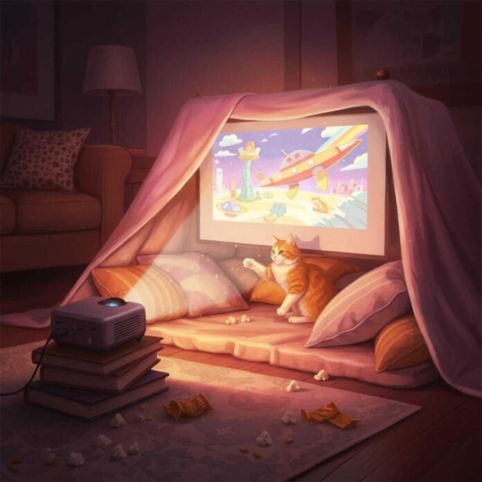 Cozy blanket fort, projector showing cartoon, cat swatting at light.