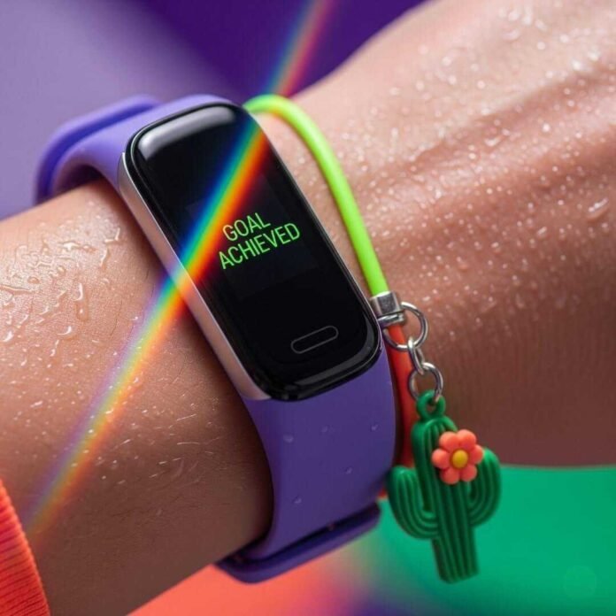 A close-up of a sweaty wrist with a fitness tracker showing a rainbow.