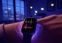 Smartwatches That Monitor Sleep, Heart & Stress Accurately Smartwatch with heartbeat line, glowing fireflies, vibrant coral and indigo hues.