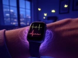 Smartwatches That Monitor Sleep, Heart & Stress Accurately Smartwatch with heartbeat line, glowing fireflies, vibrant coral and indigo hues.