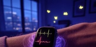 Smartwatches That Monitor Sleep, Heart & Stress Accurately Smartwatch with heartbeat line, glowing fireflies, vibrant coral and indigo hues.