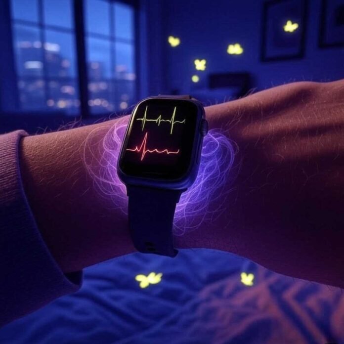 Smartwatch with heartbeat line, glowing fireflies, vibrant coral and indigo hues. Smartwatch with heartbeat line, glowing fireflies, vibrant coral and indigo hues.