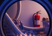 Dryer Vent Cleaning Gadgets That Prevent House Fires Lint trap glowing with cartoon flames in a messy laundry room.