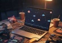 Top 10 Laptops for Work, Gaming & Everything in Between (2025 Guide) A blurred photo of a laptop, gaming controllers, and tech manuals on a table.