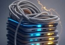 Top iPhone Chargers That Charge Fast and Last Long Stack of iPhone chargers with glowing LEDs, coiled cables, lightning bolts, nostalgic vibe.