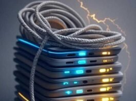 Top iPhone Chargers That Charge Fast and Last Long Stack of iPhone chargers with glowing LEDs, coiled cables, lightning bolts, nostalgic vibe.