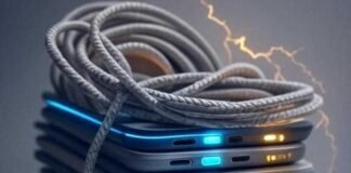 Top iPhone Chargers That Charge Fast and Last Long Stack of iPhone chargers with glowing LEDs, coiled cables, lightning bolts, nostalgic vibe.