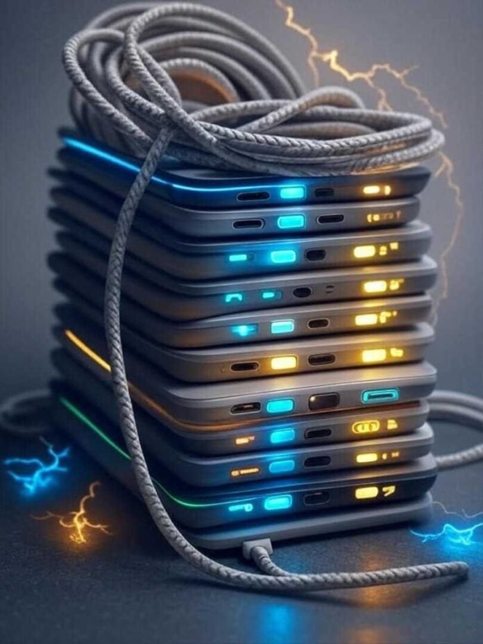 Stack of iPhone chargers with glowing LEDs, coiled cables, lightning bolts, nostalgic vibe.