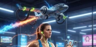 Best Wireless Earbuds for Gym, Travel & Calls in 2025 A sweat-drenched runner on a treadmill, juggling a phone with an airplane and a musical passport.