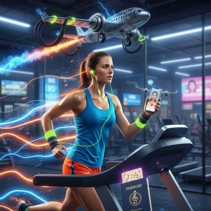 A sweat-drenched runner on a treadmill, juggling a phone with an airplane and a musical passport.