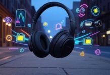 Budget Noise-Canceling Headphones That Beat Premium Brands Stylish Anker Soundcore Life Q30 headphones float above Brooklyn street with glowing feature icons.