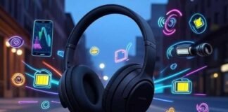 Budget Noise-Canceling Headphones That Beat Premium Brands Stylish Anker Soundcore Life Q30 headphones float above Brooklyn street with glowing feature icons.