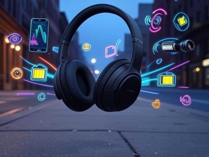 Stylish Anker Soundcore Life Q30 headphones float above Brooklyn street with glowing feature icons.