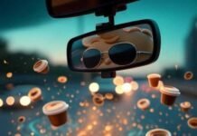 Dash Cams You Need for Safer Driving in 2025 Dash cam view of chaotic highway at dusk, map shield, guardian angel, neon glow.