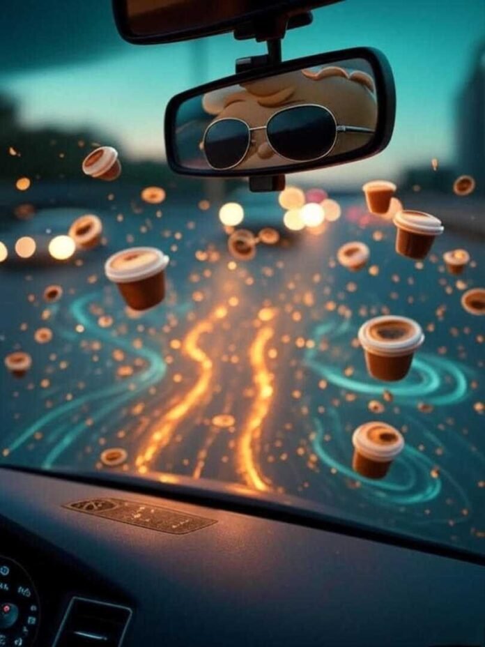 Dash cam view of chaotic highway at dusk, map shield, guardian angel, neon glow.