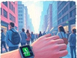 Best Smartwatches for Health Tracking & Notifications I generated images with the prompt: 'Impressionistic digital painting of a first-person wrist view mid-panic on a busy NYC street, coffee in hand, featuring a glowing smartwatch mid-vibration, a heartbeat line morphing into a phone alert, and a tiny runner silhouette chasing a heart icon, with cartoonish sweat drops turning into exclamation points for a playful “oops” vibe, in an electric teal and vibrant magenta color palette with pops of coral for contrast, conveying a cautiously optimistic emotional tone, like you’re hyped but braced for a low-battery fail, with soft watercolor edges—dreamy yet sharp'
