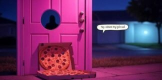 Ring Doorbell Buyers Guide: Which Model Is Best for You? Blurred night scene: quirky door with Ring, pizza box, shadowy figure, "Yo, save my pizza!" bubble.