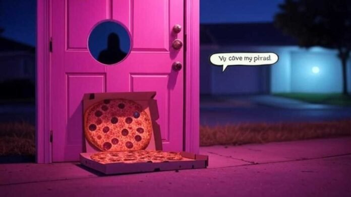 Blurred night scene: quirky door with Ring, pizza box, shadowy figure, "Yo, save my pizza!" bubble.