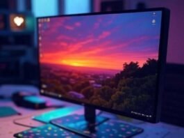 The Best Monitors Under $300: Crystal-Clear Picks for Any Setup Sleek monitor on cluttered desk with coffee stains, vibrant sunset, neon arcade mouse pad, pixelated heart glows.