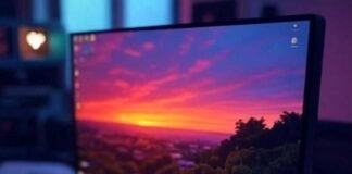 The Best Monitors Under $300: Crystal-Clear Picks for Any Setup Sleek monitor on cluttered desk with coffee stains, vibrant sunset, neon arcade mouse pad, pixelated heart glows.