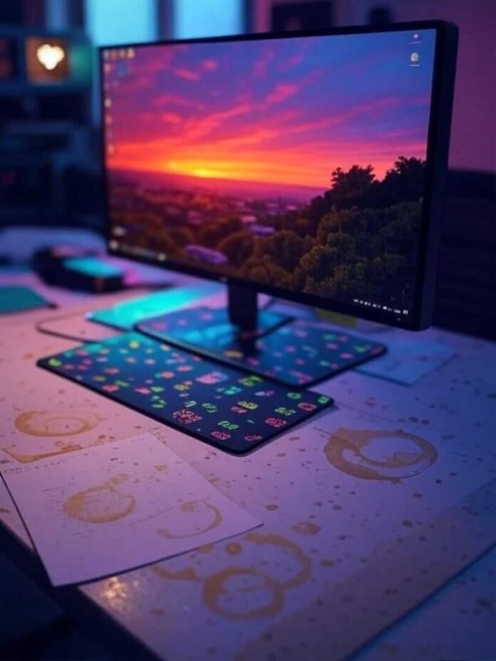 Sleek monitor on cluttered desk with coffee stains, vibrant sunset, neon arcade mouse pad, pixelated heart glows.