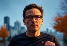 Apple Watch Series 9 vs Ultra: Which One Should You Get? Peppy jogging in Seattle drizzle, teal sky, orange trail, slim Series 9 vibe.