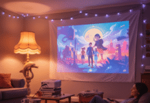 How to Create a Home Theater Setup for Less Than $500 A person watches a movie projected on a wrinkled sheet in a cozy, cluttered room.