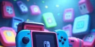 Nintendo Switch Must-Have Accessories in 2025 Floating Nintendo Switch morphs into quirky gadgets, surrounded by colorful cartridges and pixelated ghosts.