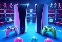 PS5 vs Xbox Series X: Which Console Is Still King? PS5 and Xbox Series X face off in neon ring, glowing controllers, pixelated crowd.