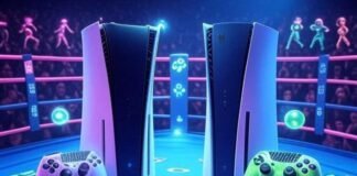 PS5 vs Xbox Series X: Which Console Is Still King? PS5 and Xbox Series X face off in neon ring, glowing controllers, pixelated crowd.
