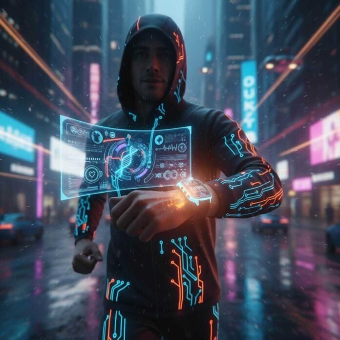 A man jogging at night with a futuristic smartwatch and glowing health data.