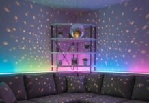 LED Strip Lights That Transform Your Space in Seconds Cozy, vibrant living room with LED lights, disco ball, and messy coffee table.