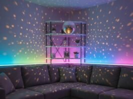 LED Strip Lights That Transform Your Space in Seconds Cozy, vibrant living room with LED lights, disco ball, and messy coffee table.