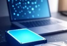 SSD vs HDD in 2025: Which Storage Solution Should You Choose? Blurred desk with glowing SSD, dusty HDD, open laptop, binary confetti, vibrant colors.