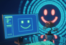 How to Create a Minimalist Yet High-Tech Workstation A vibrant desk with a glowing monitor, keyboard, and bonsai, with a smiley face.