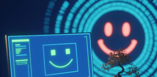 How to Create a Minimalist Yet High-Tech Workstation A vibrant desk with a glowing monitor, keyboard, and bonsai, with a smiley face.