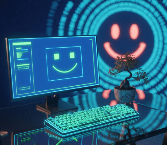 How to Create a Minimalist Yet High-Tech Workstation A vibrant desk with a glowing monitor, keyboard, and bonsai, with a smiley face.