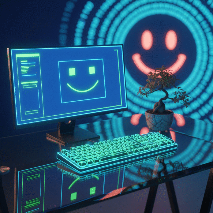A vibrant desk with a glowing monitor, keyboard, and bonsai, with a smiley face.