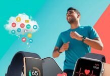 Fitbit vs Apple Watch: Which Wearable Tracks Health Better? "Fitness wearables syncing health data, a runner, and quirky health motifs."