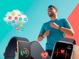 Fitbit vs Apple Watch: Which Wearable Tracks Health Better? "Fitness wearables syncing health data, a runner, and quirky health motifs."
